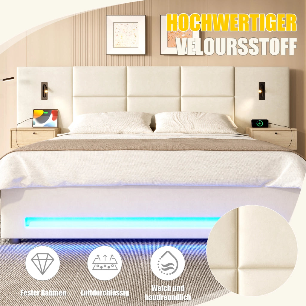 LETTO Contenitore 160x200 cm in velluto beige con testiera ampia, LED e USB-C