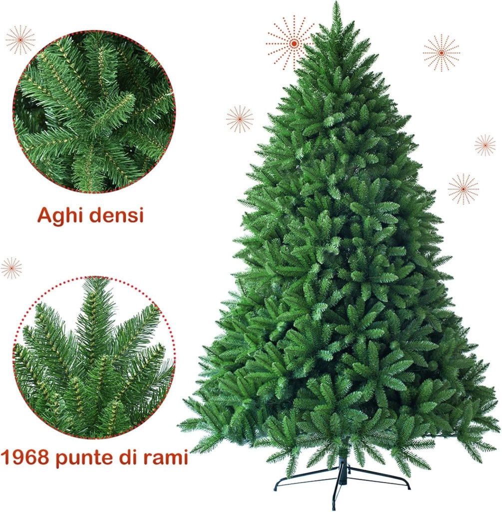 Albero di Natale Artificiale 150/180/225 cm, Albero di Natale con 600/1250/1968 Rami e Supporto in Metallo, Albero di Natale Realistico per Casa, Ufficio e Negozio (225 CM)