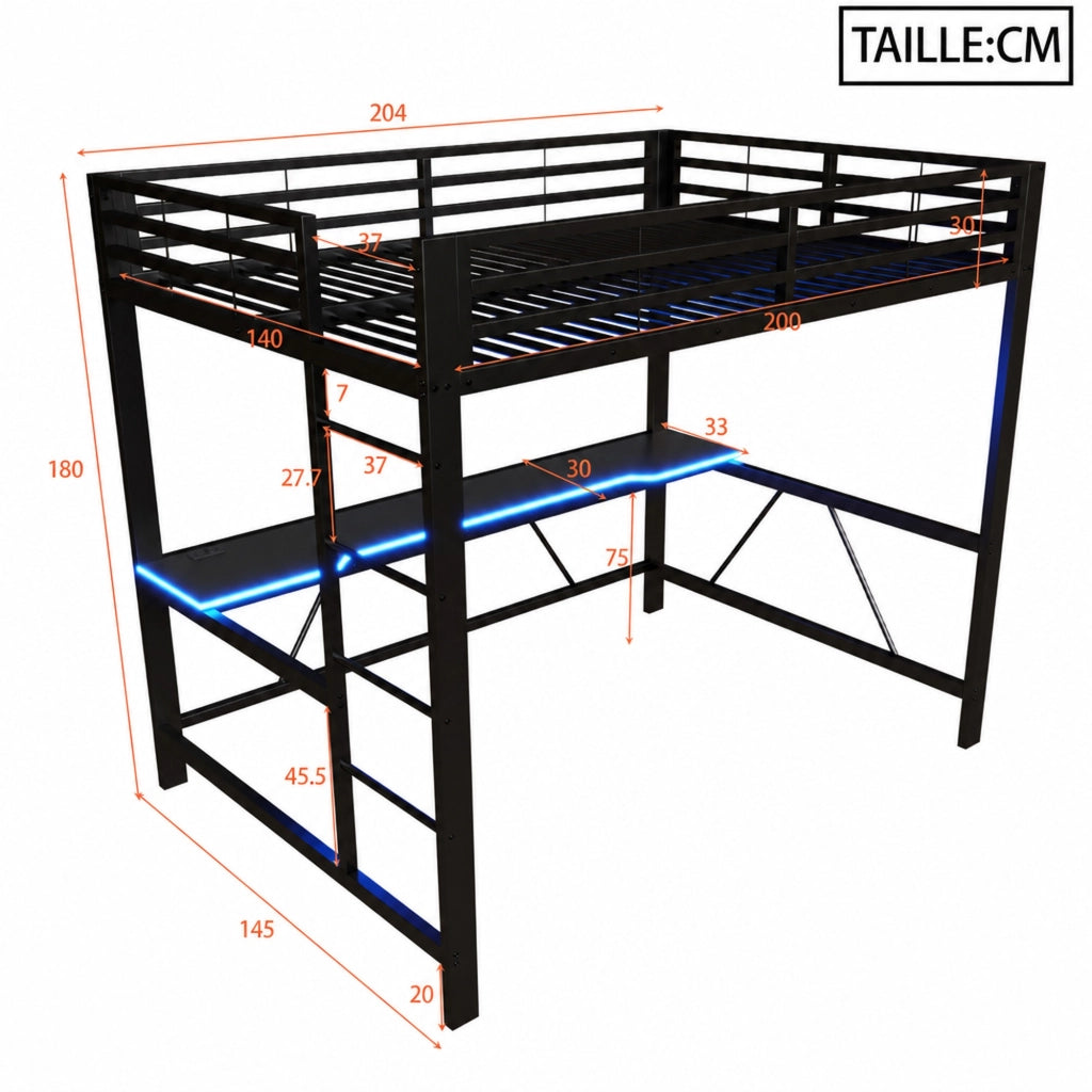 LETTO A CASTELLO 140x200 cm Nero con scrivania e illuminazione LED