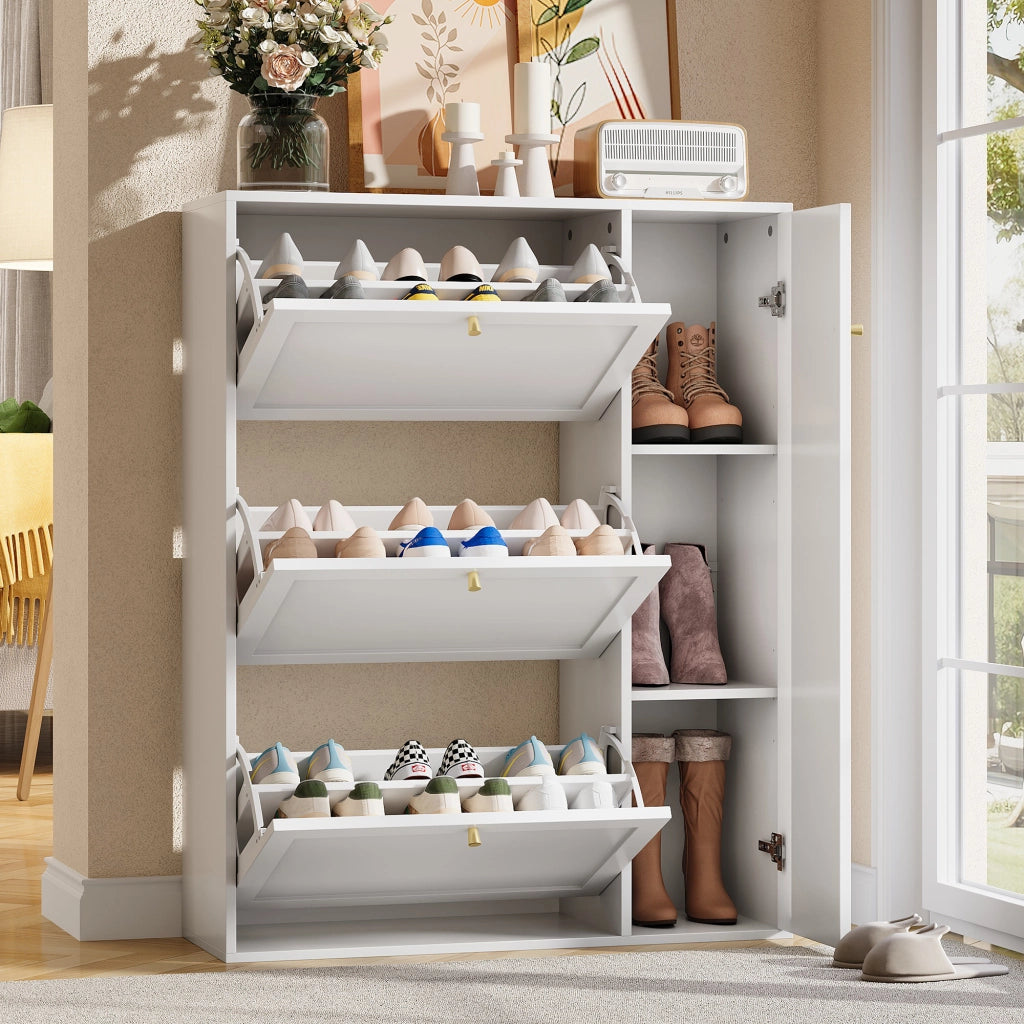 Mobile portascarpe stretto a 3 ribalte con 1 anta, design salvaspazio, bianco, 90x25x114 cm