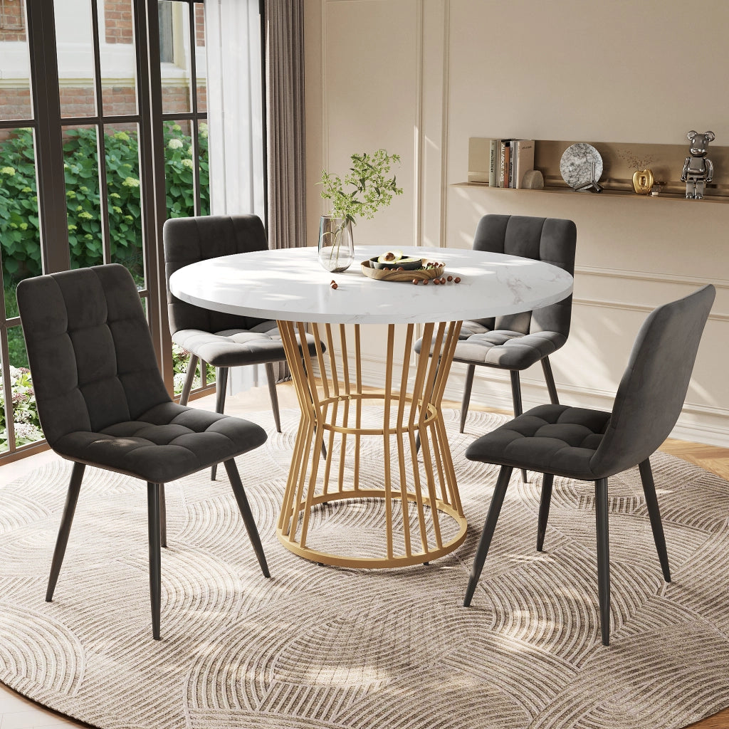 Tavolo da pranzo rotondo per 4 persone con 4 sedie in velluto e piano effetto marmo per cucina 100 × 75 cm