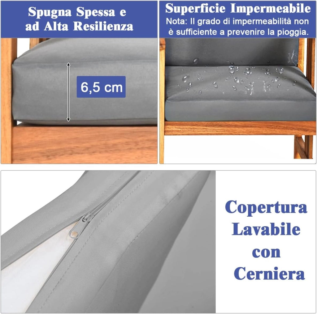 Set di Mobili da Giardino, Sedie Imbottiti in Legno con Cuscini e Tavolino da Caffè, Set da Mobili da Esterno per Cortile, Bordo Piscina e Balcone