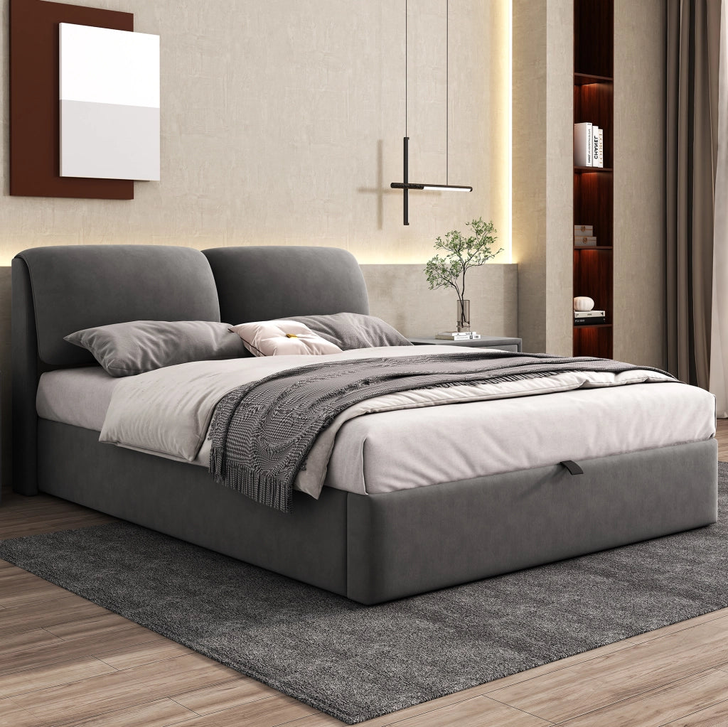 Letto imbottito grigio 140x190 cm con contenitore e 3 cassetti