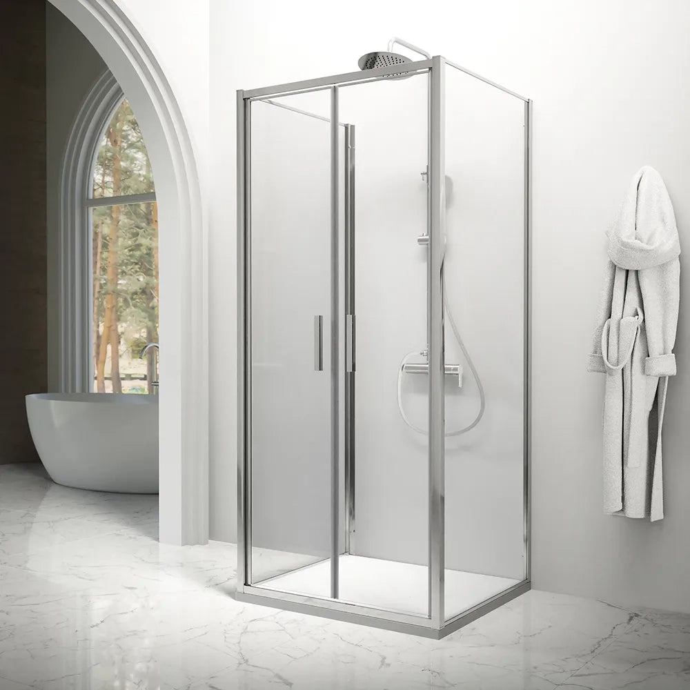 Box doccia tre lati 70x80x70cm con porta saloon profili cromati e vetro 6mm trasparente h190 | Portofino