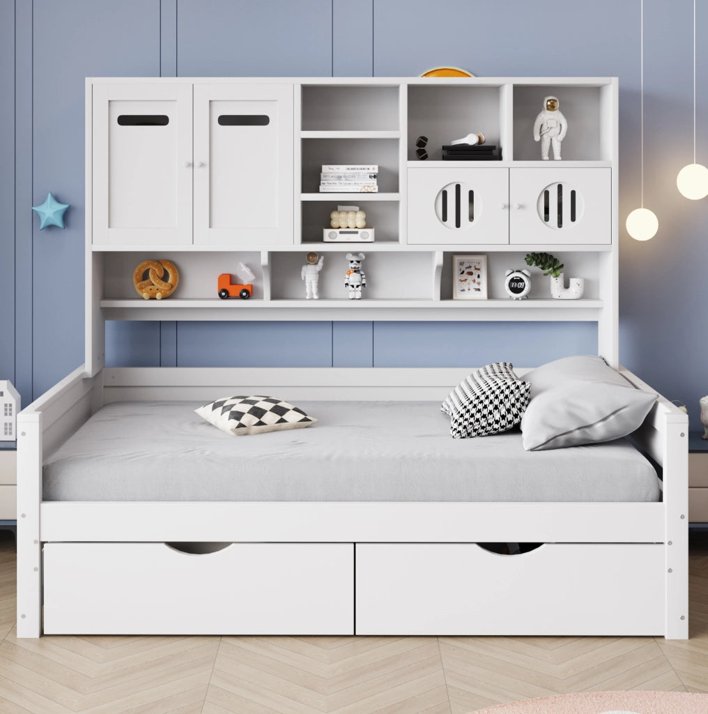 Letto singolo 90x200 cm con cassetti e vani contenitore in pino bianco