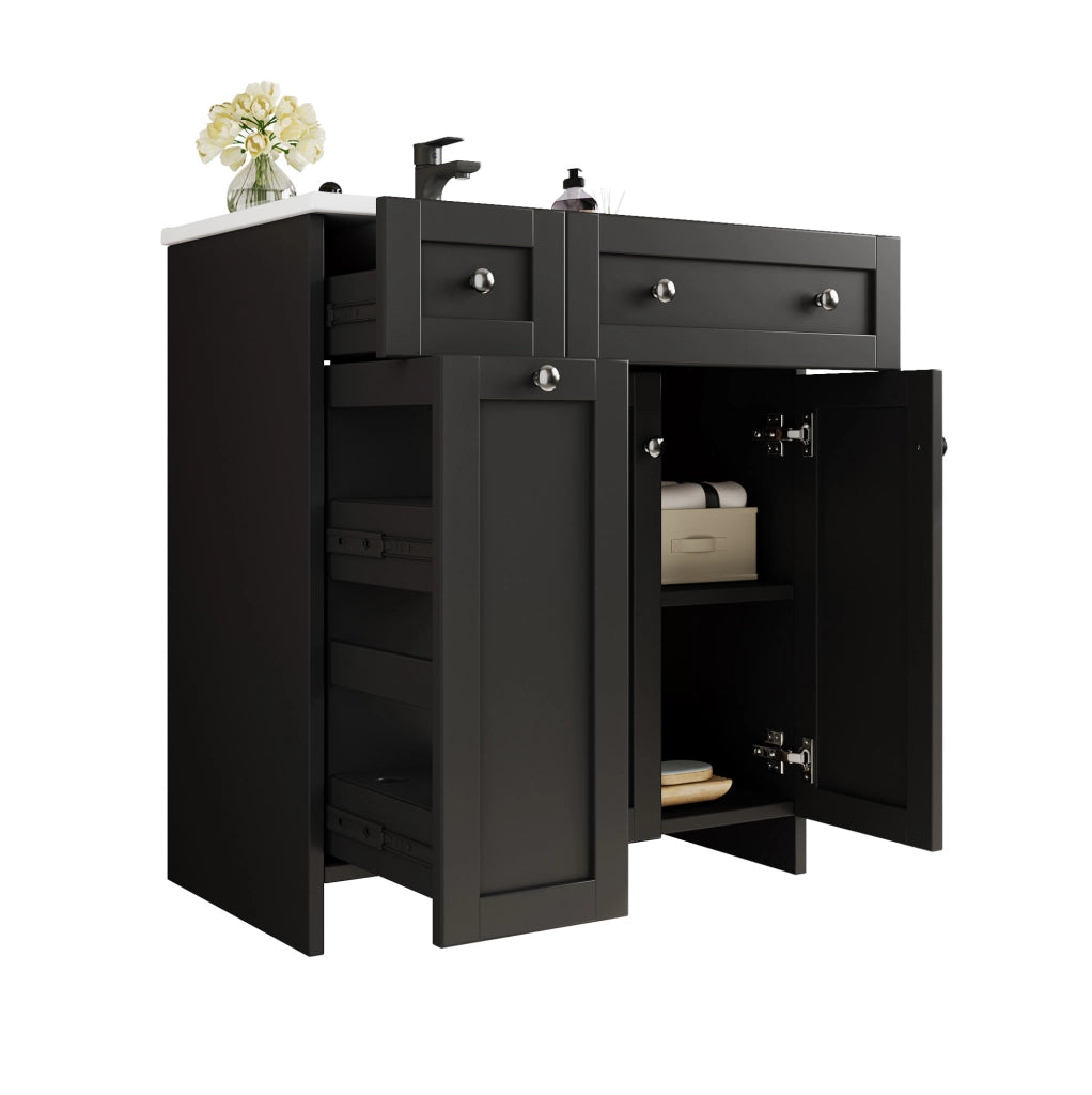 Mobile bagno freestanding nero con lavabo in ceramica, 3 cassetti e anta, 76x47x86 cm