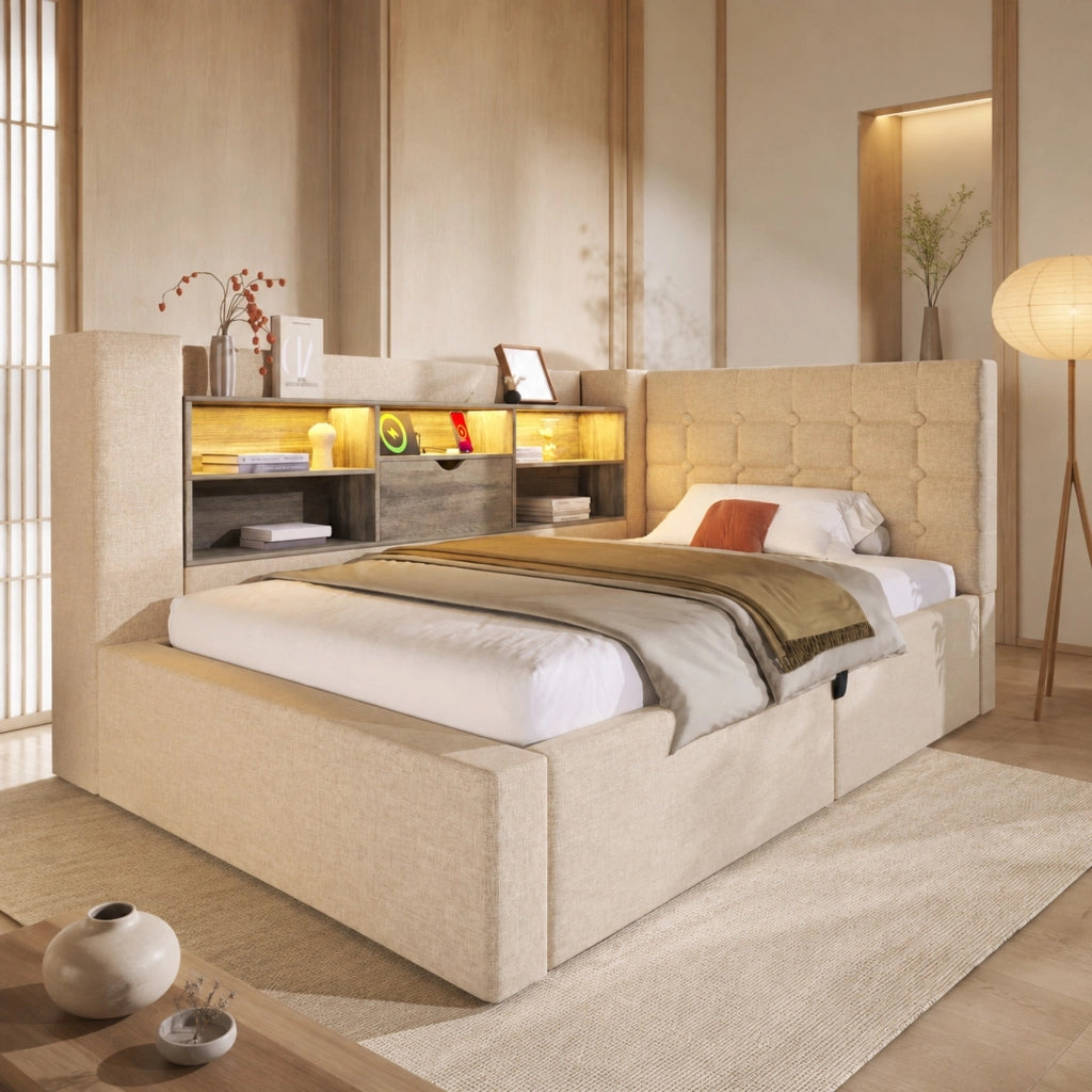 Letto singolo 90x190 cm con LED, vano contenitore e prese USB, beige