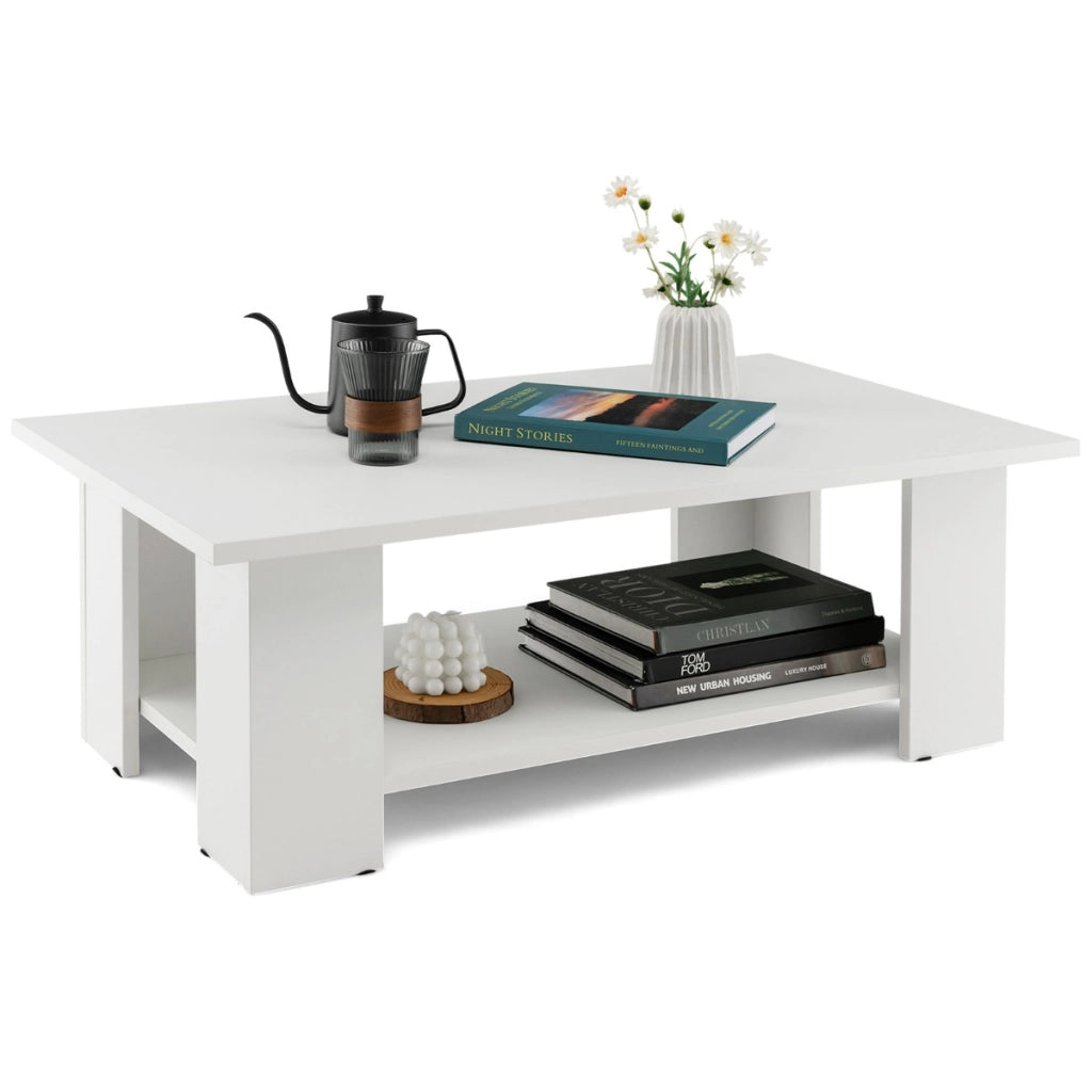 Tavolo da t¨¨ rettangolare in legno a 2 livelli, Tavolino da caff¨¨ moderno con ripiano aperto Bianco-Tavolini da salotto