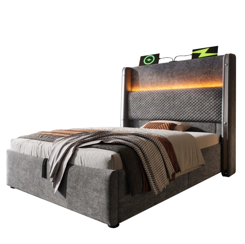 Letto singolo 90x200 cm con contenitore; testiera alta in lino grigio; LED e prese USB Type-C
