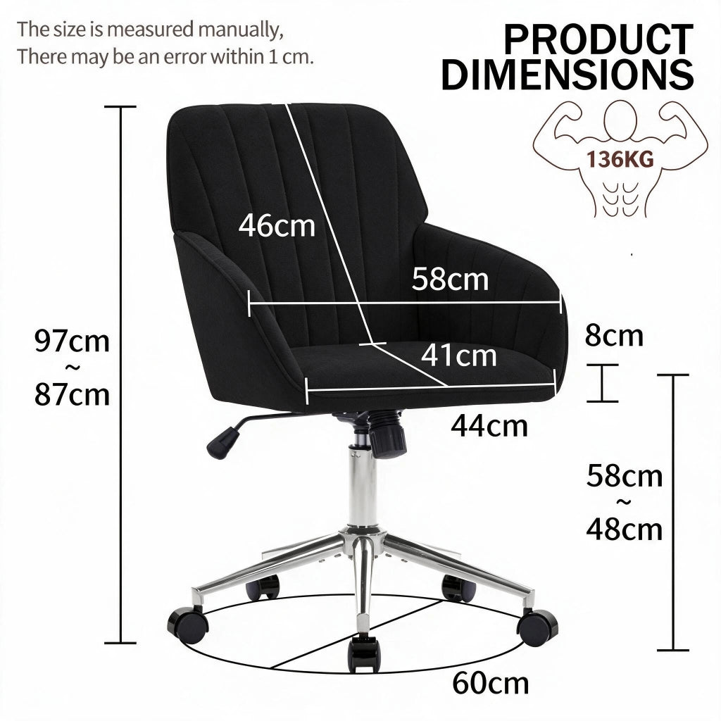 Sedia da ufficio girevole regolabile in altezza con schienale ergonomico e rotelle, per casa e studio, in velluto nero