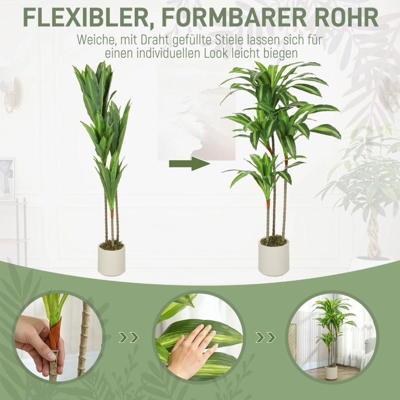 Dracaena artificiale 120 cm in plastica verde, steli flessibili, vaso bianco