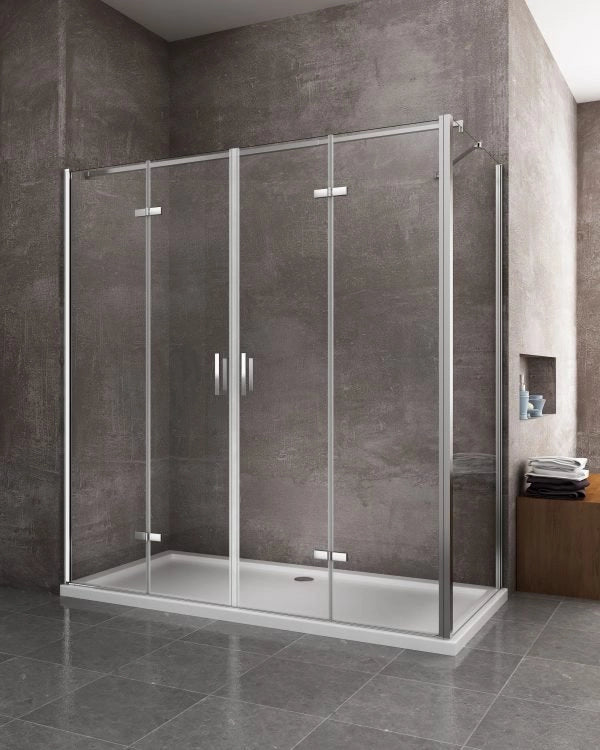 Box cabina doccia con ingresso libero apertura a libro pieghevole e lastra fissa reversibile H 190 cromo trasparente anticalcare misure  67,5-70 Fisso + Porta 148,5-152