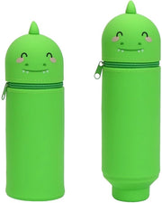 Etui a doppia funzione con dinosauro verde, etui in silicone, contenitore per penne, etui cartoon per ragazze e ragazzi, ufficio, università, accessori scolastici divertenti