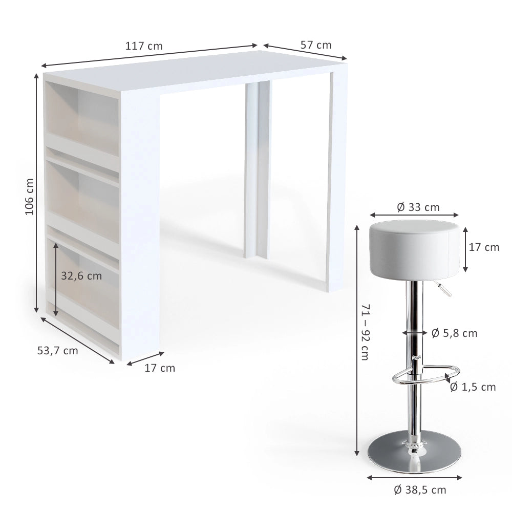Vicco Tavolo bar con sgabelli Bianco 57 x 117 cm con 2 sgabelli da bar