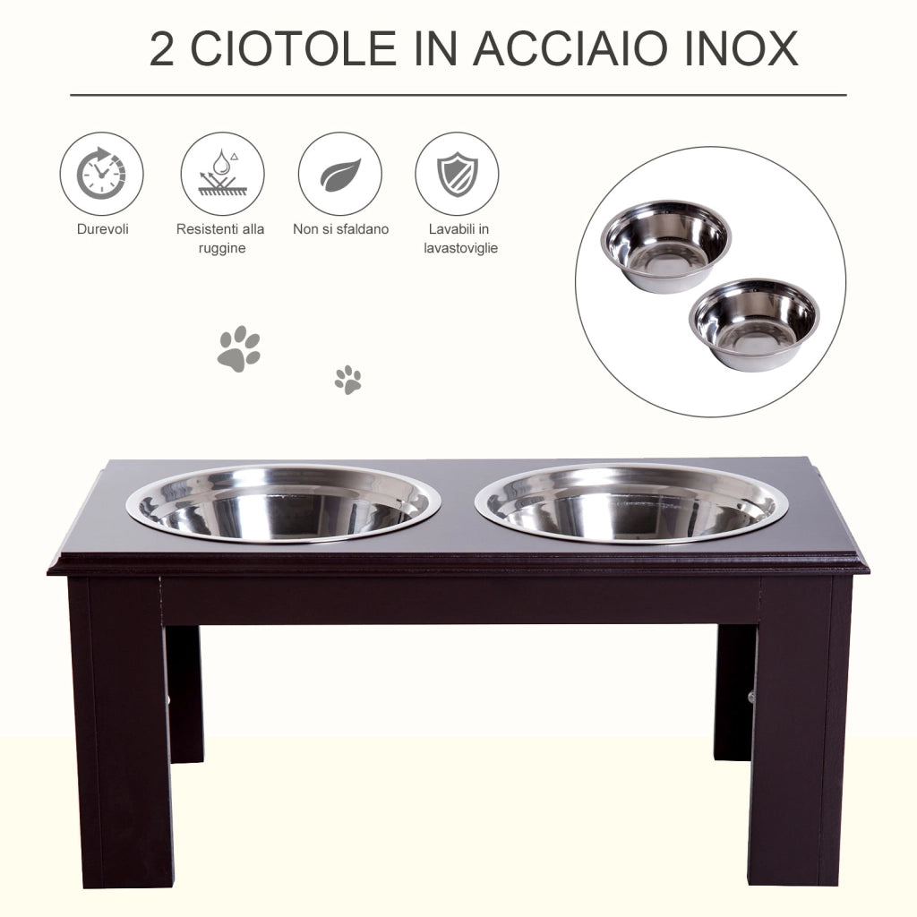 EasyComfort Ciotole Rialzate per Cani Taglia Media, Supporto Portaciotole in MDF con 2 Ciotole in Acciaio Inox per Cibo e Acqua, Caffè Scuro
