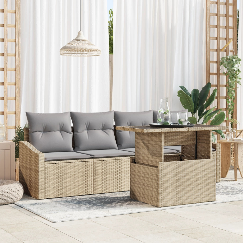 Set Divano da Giardino 5 Pezzi con Cuscini Beige in Rattan