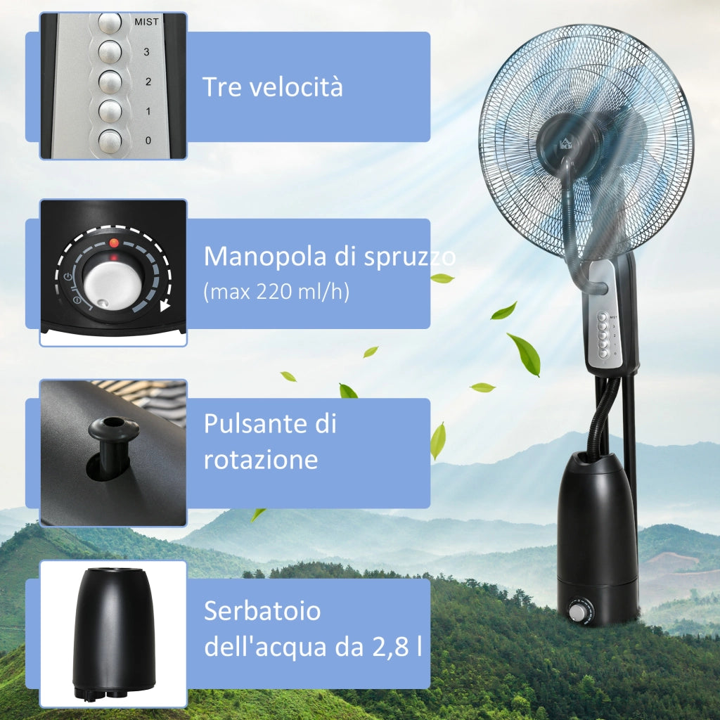 Ventilatore Nebulizzatore 90W a 4 Ruote con Serbatoio 2.8L e 4 Velocit¨¤, in Metallo, PE e ABS, 44.5x38.5x120 cm
