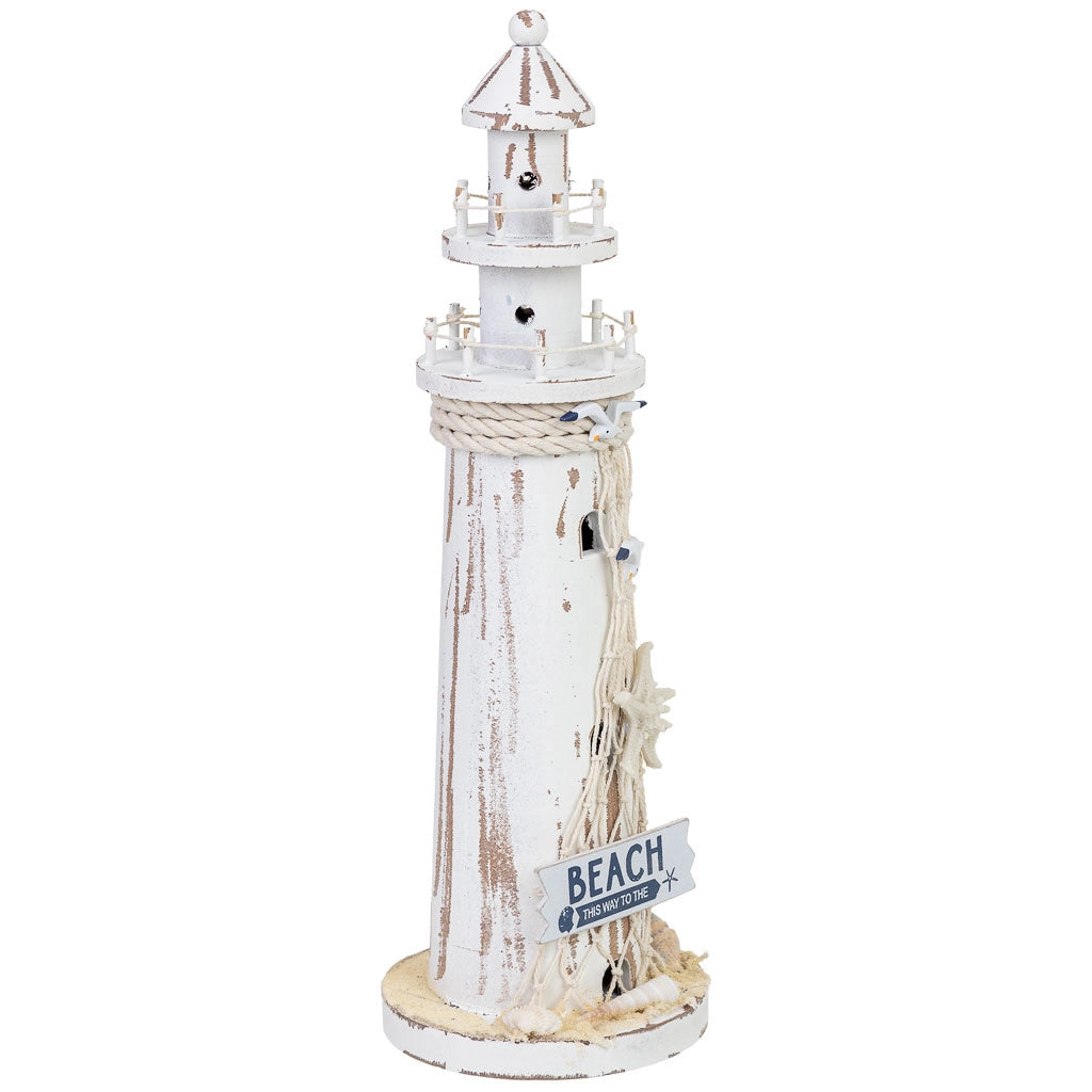 Figura decorativa a forma di faro in legno bianco con LED 12,5x12,5x39 cm