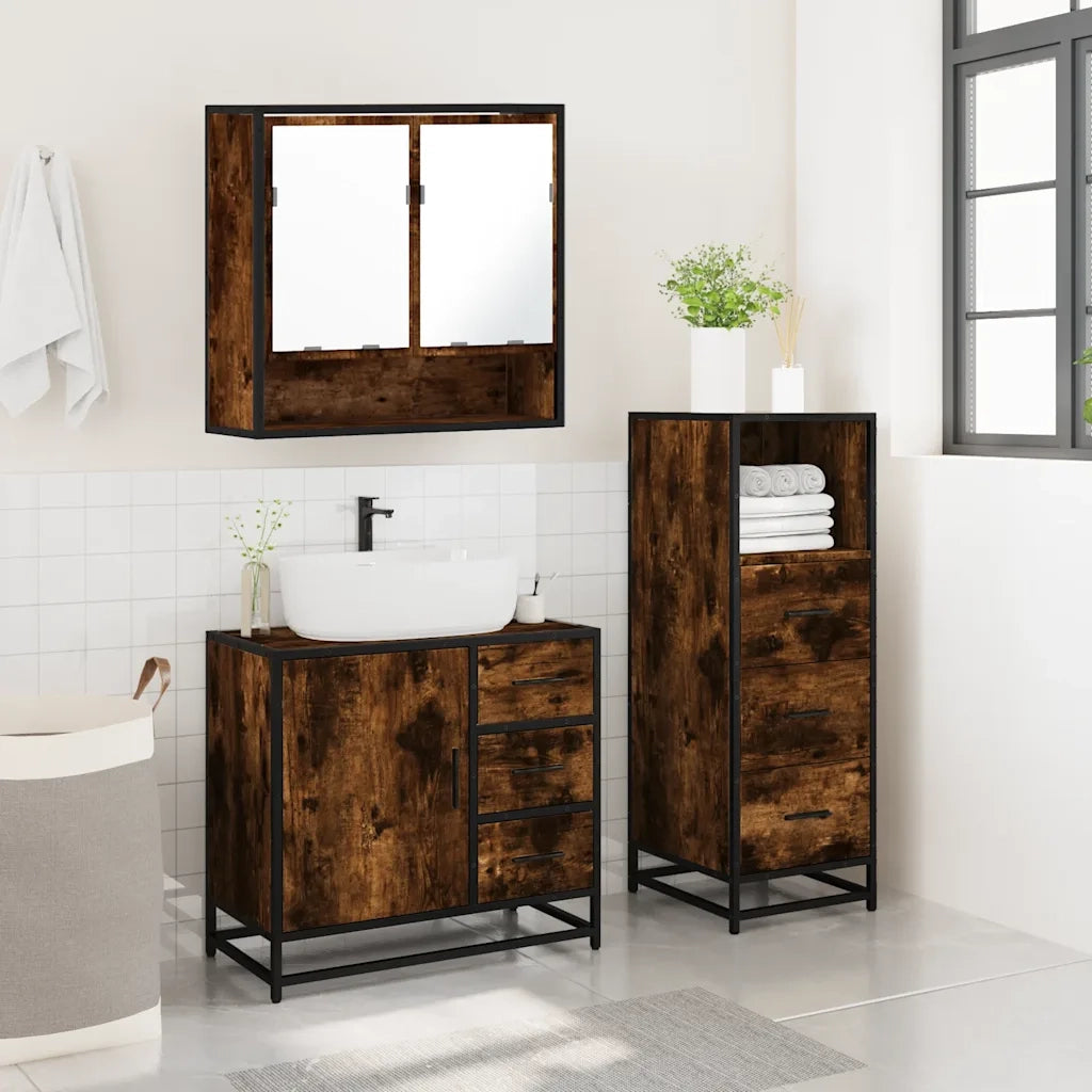 Set Mobili da Bagno 3 pz Rovere Fumo in Legno Multistrato