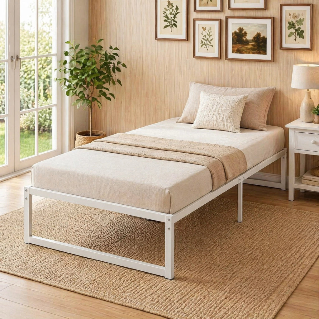 Letto singolo 200;5x90;6x32;5 cm senza testiera con spazio contenitore in metallo bianco