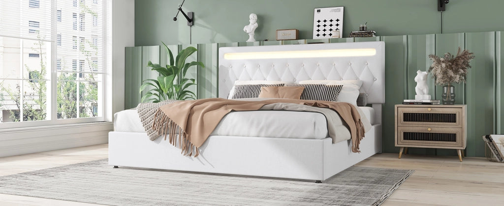 DESMIU Letto matrimoniale 180 × 200 cm 2 posti con contenitore idraulico, USB e LED, senza materasso, bianco