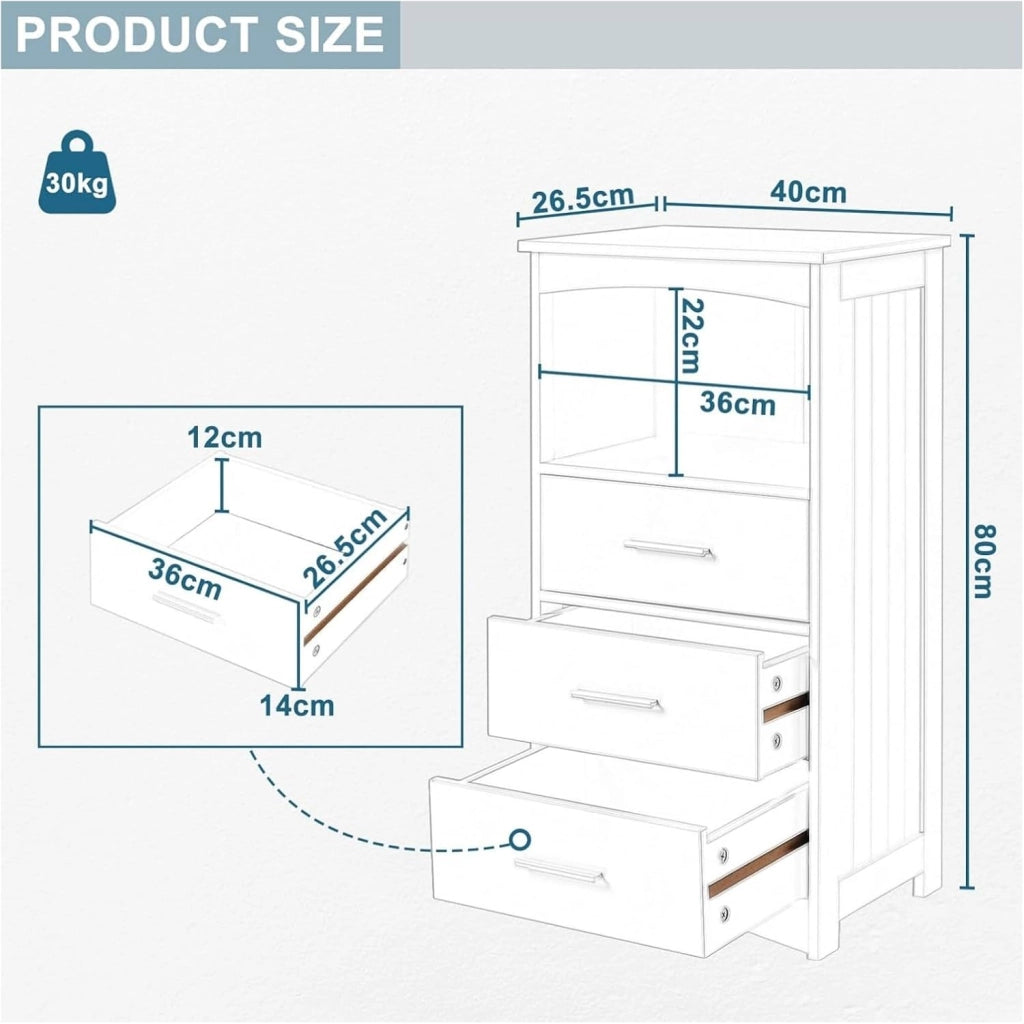 Mobile da Bagno Autoportante 3 Cassetti, Mobile da Bagno Sospeso, con 2 Ante e Ripiano Regolabile, MDF, Bianco