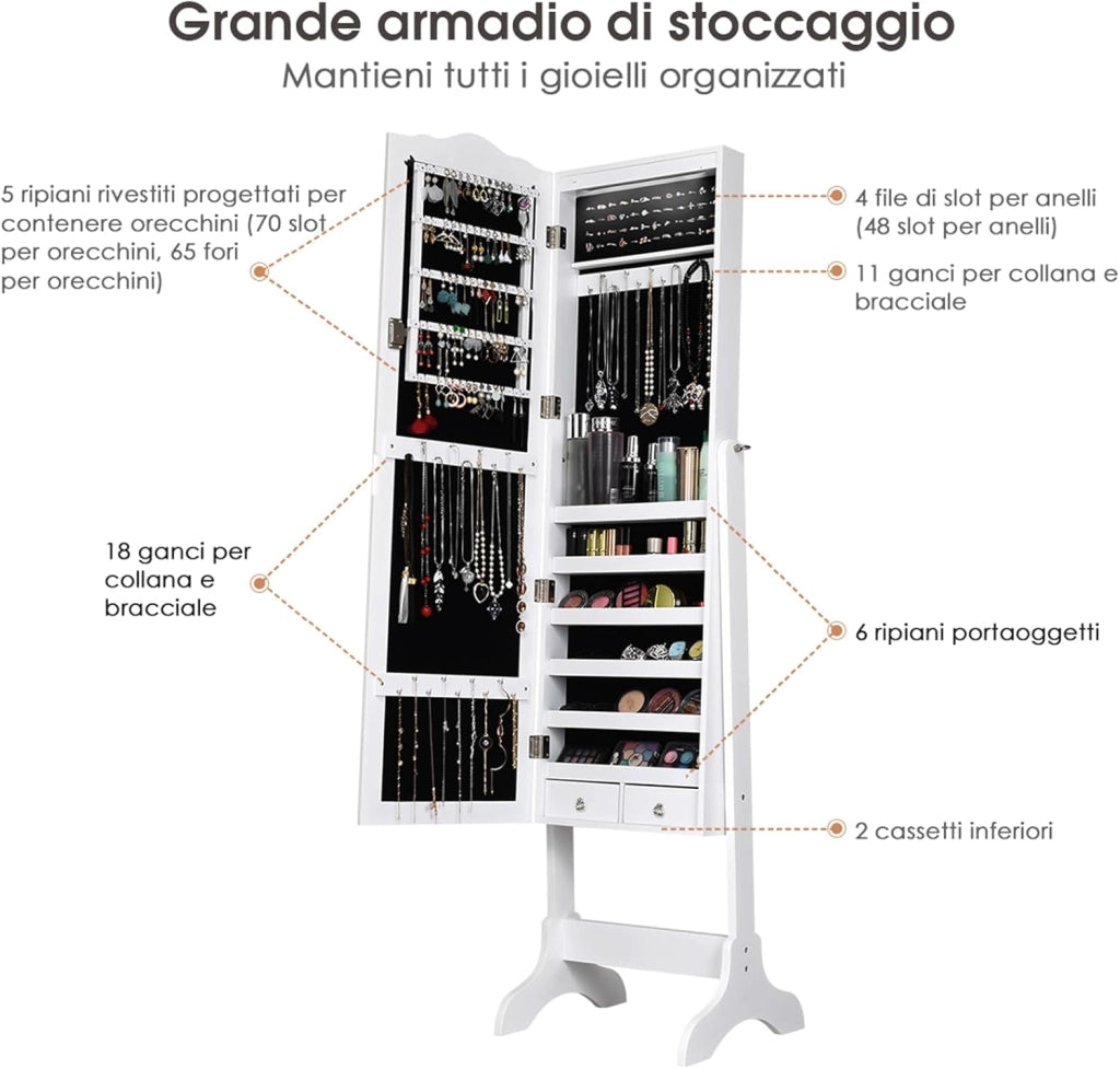 Armadietto Portagioie da Terra, Specchio Portagioie con Luci LED, Angolo Regolabile, con Chiave, 41,5 x 37 x 160 cm (Bianco)