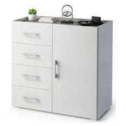 Credenza Aracnida, Mobile buffet a 1 anta e 4 cassetti, Madia da soggiorno, Armadietto multiuso con ripiani, Made in Italy, Cm 90x41h87, Bianco
