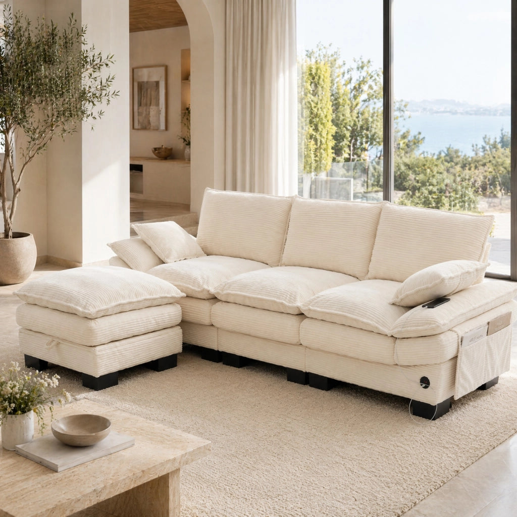 DIVANO Modulare 3 posti con pouf 260x132x84 cm Corduroy Beige