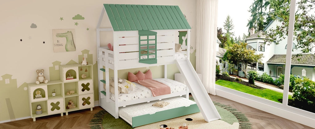 DESMIU Letto a castello casetta 90 × 200 cm 2 posti con scivolo e letto estraibile senza materasso in MDF bianco verde