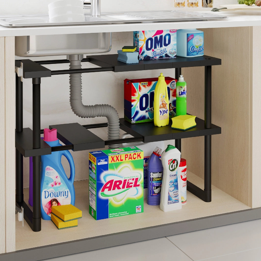Organizer Sotto Lavello Estensibile Nero Salvaspazio – Ripiano Regolabile per Cucina e Bagno Mobiletto Organizzatore Per Armadi  2 Piani