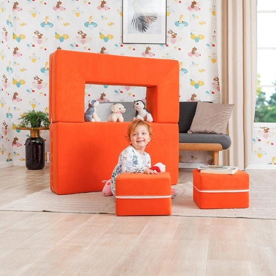 Banca per bambini, 4-in-1, arancione, area di scalata e di arrampicata, blocco di attività per la banca, cuscino, sedia da lettura pieghevole, 4 pezzi, set interattivo per bambini leggero e colorato