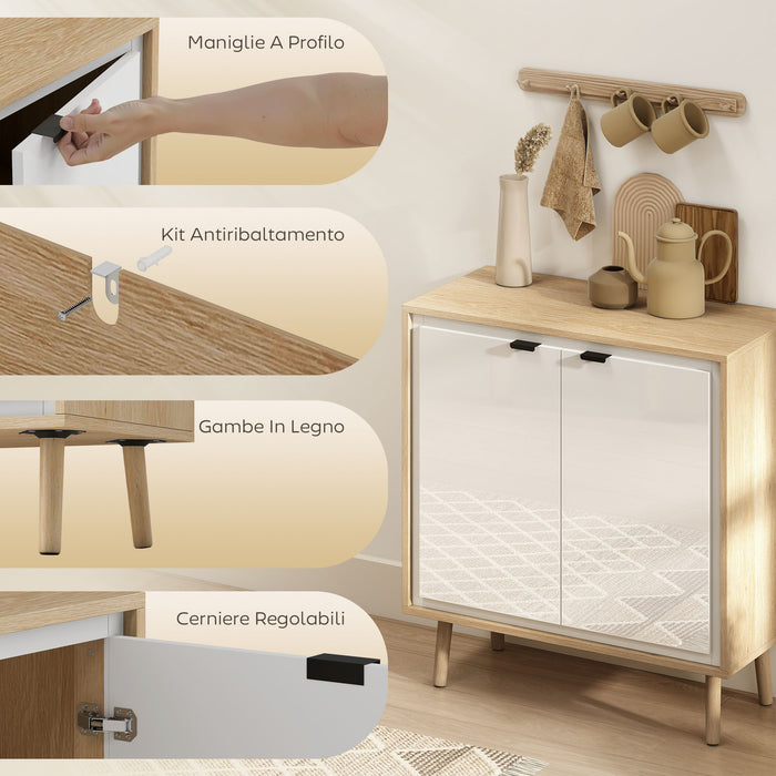 Credenza Moderna 72x35x77 cm a 2 Ante con Ripiano Regolabile Bianco Lucido e Rovere