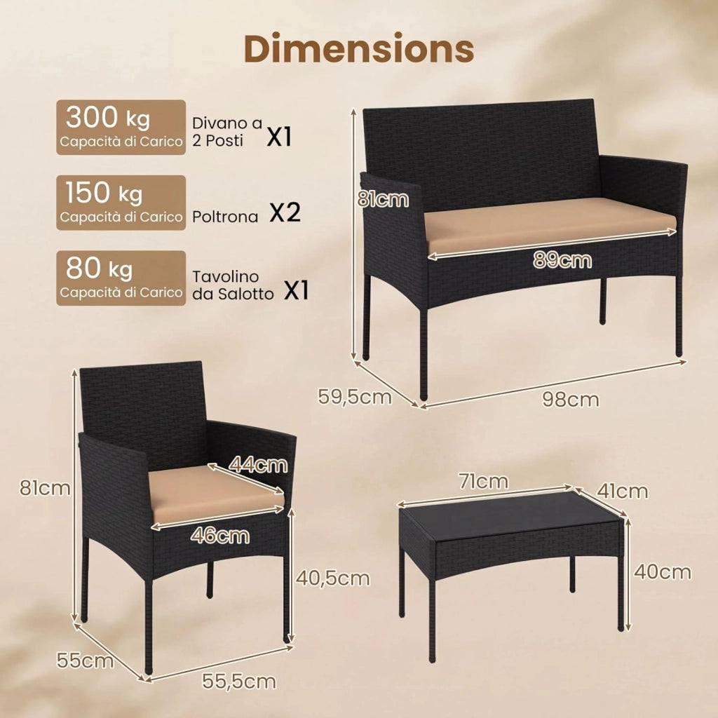 Set Salotto da Giardino 4 Pezzi, Divanetto da Esterno in Rattan PE con 2 Poltrone e Tavolino con Piano in Vetro Temperato, Cuscini Imbottiti e Telaio Metallo per Terrazzo e Balcone (Giallo)