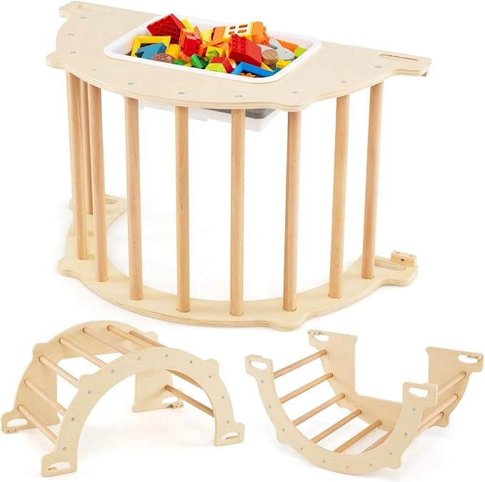 8 in 1 Arco da Arrampicata per Bambini, Altalena ad Arco in Legno con Contenitore Pieghevole, Palestra Montessori per Bambini 3 Anni + (80 × 47 × 41 cm)
