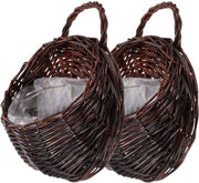 Due cestelli di vimini a due pezzi con fiori intrecciati, contenitore per piante con manico di vimini, contenitore per piante, contenitore per piante da appendere, per uso domestico, balcone, giardino, casa di campagna, decorazione.