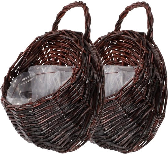 Due cestelli di vimini a due pezzi con fiori intrecciati, contenitore per piante con manico di vimini, contenitore per piante, contenitore per piante da appendere, per uso domestico, balcone, giardino, casa di campagna, decorazione.