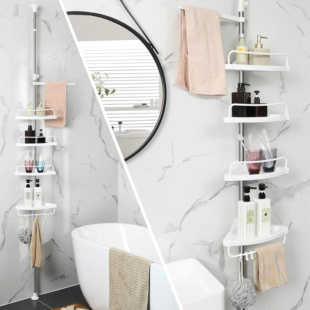 Colonna Portaoggetti Bagno Telescopica con 4 Ripiani - Bianco/Argento