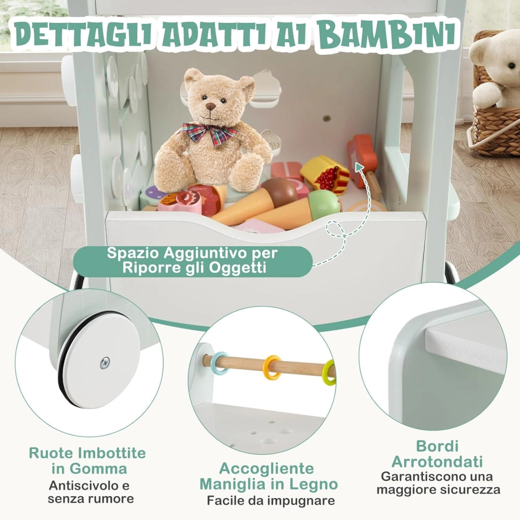 Girello 2 in 1 per Bambini, Carrello Primi Passi in Legno con Spazio di Archiviazione, Negozio di Dolci con Gelati, Cursori, Labirinto, Piatto e Cucchiaio, Centro Attività per 1+ Anni (Verde)