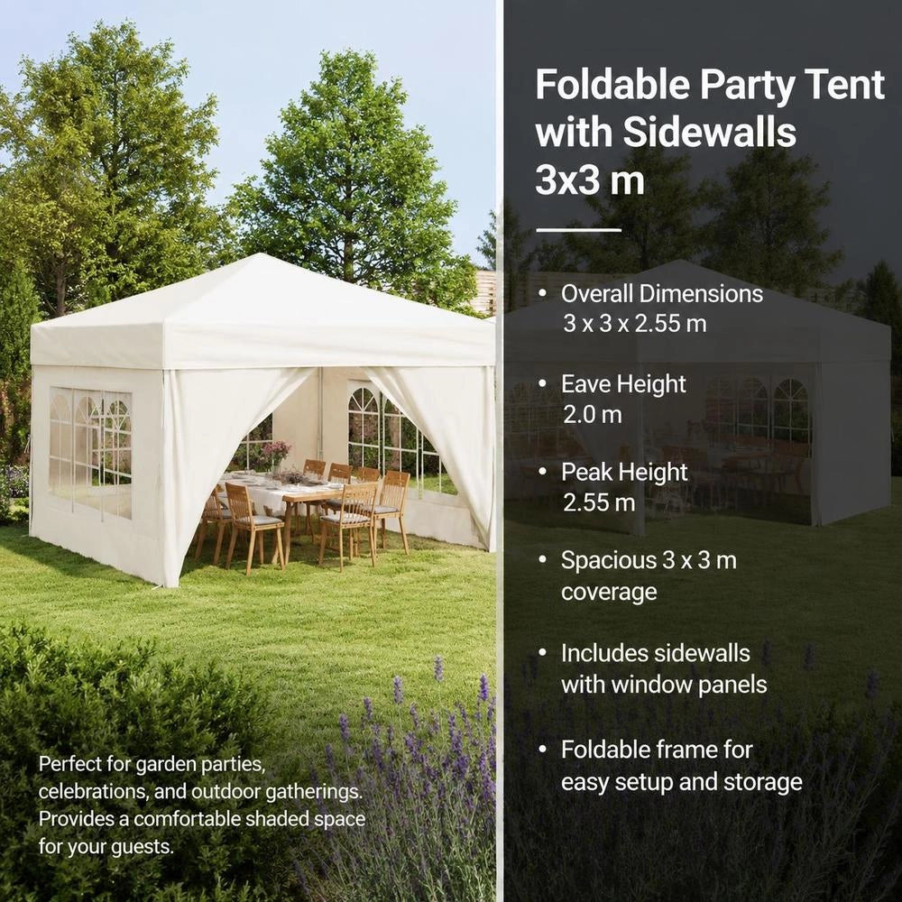 Foldable Party Tent With Side Walls, Cream, 3x3 M