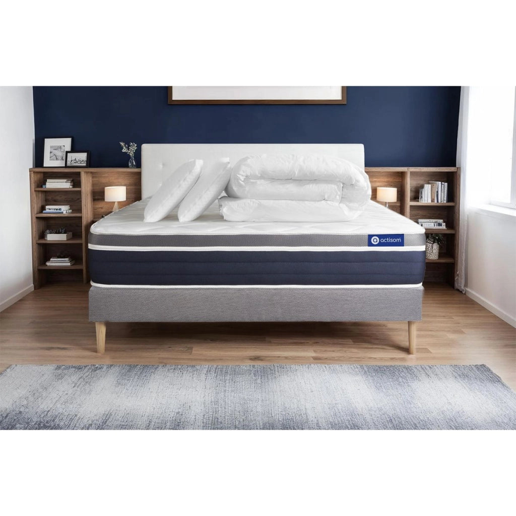 Pacchetto letto completo - Materasso 160x200cm + Box spring con doghe (in kit) + 2 cuscini + Piumino - Actilatex Confort