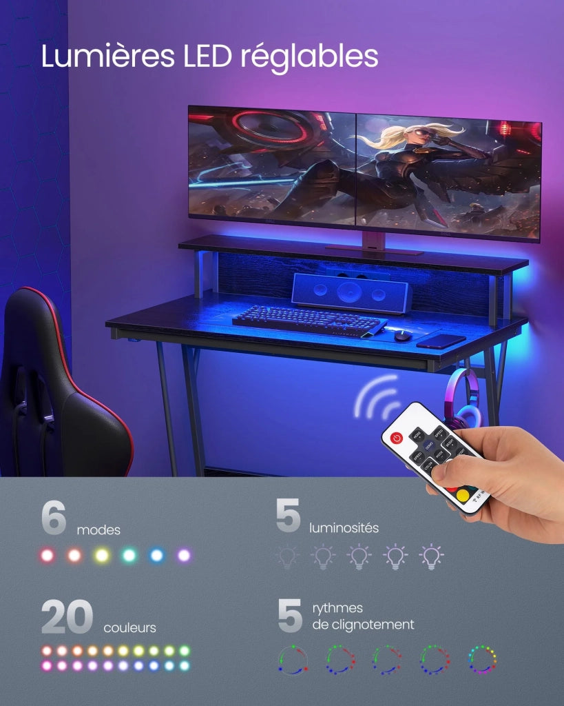 Scrivania da gioco con LED e multipresa tavolo da gioco scrivania per computer con alzata per schermo per 2 computer per camera da letto nera 12_0004634