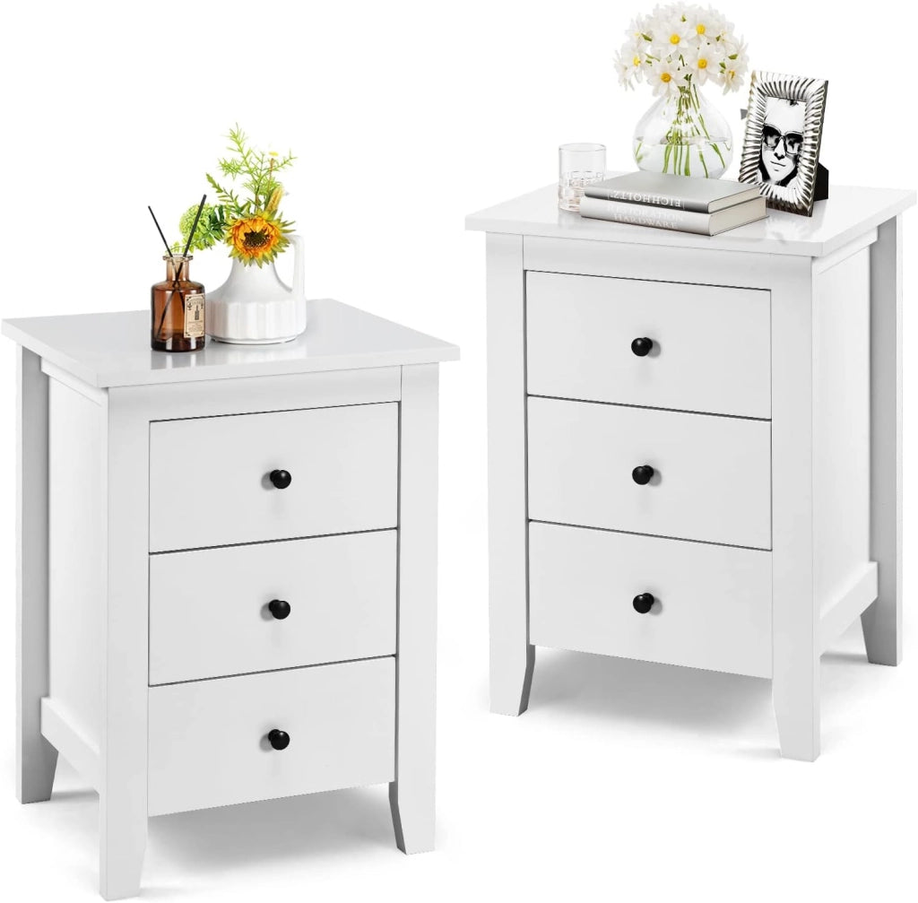 Set di 1/2 Comodino con 3 Cassetti, 46 x 37 x 65 cm, Comodino in Legno, Cassettiera di Stoccaggio con Gambe, Tavolo Ausiliare per Soggiorno, Camera da Letto (1, Grigio)