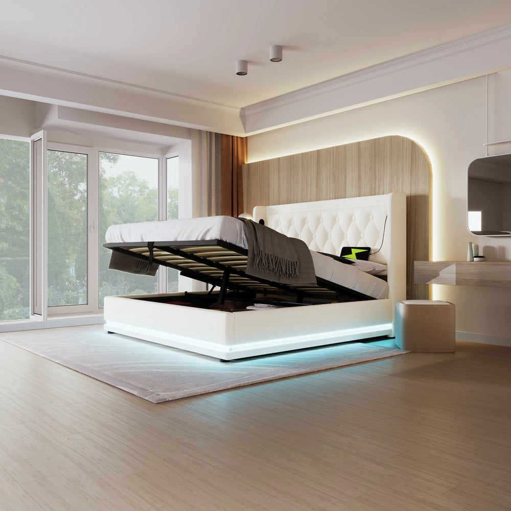 Letto Contenitore Matrimoniale Imbottito con LED e USB ¨C Xylo ¨C Bianco, 140x200, Idraulico, Similpelle