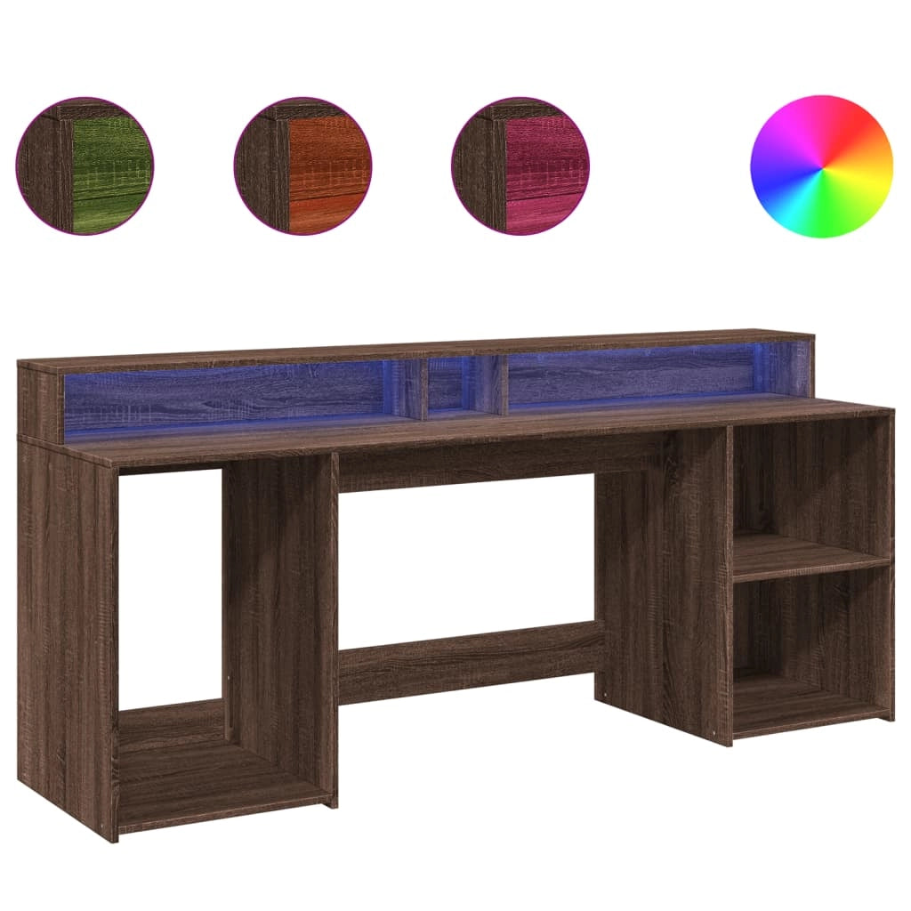 Scrivania da ufficio postazione di lavoro mobile per computer zona studio con luci a LED legno ingegnerizzato di rovere marrone 02_0023790