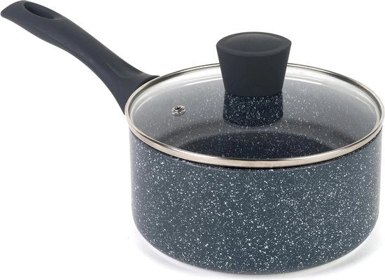 Padella a Cottura Senza Olio Piccola 18 cm Con Coperchio - Adatta A Tutti I Fornelli, Incluso Induzione - Doppio Strato Facile Da Pulire Maniglia in Bakelite morbido - Padella in Alluminio con Marmo Blu in Pressofusione