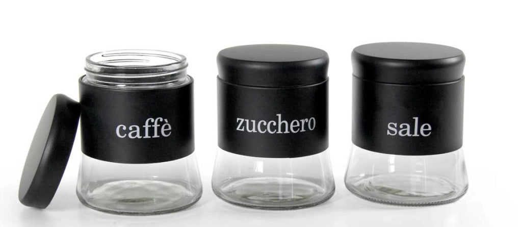 TRIS DI BARATTOLI SALE ZUCCHERO E CAFFÈ IN COLORE NERO 11 X 14 CM