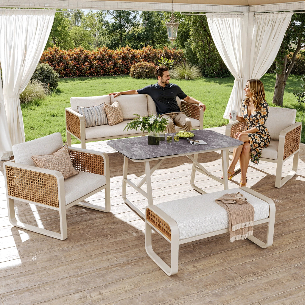 Set giardino 6-7 persone: sedute rattan PE; tavolino; Divanooo cuscini lavabili; piedini regolabili; beige