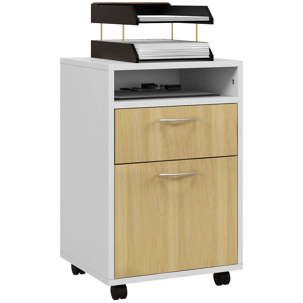 Cassettiera con Anta e Ruote per Ufficio ¨C zephmum ¨C Bianco e Naturale 40x35x60 cm