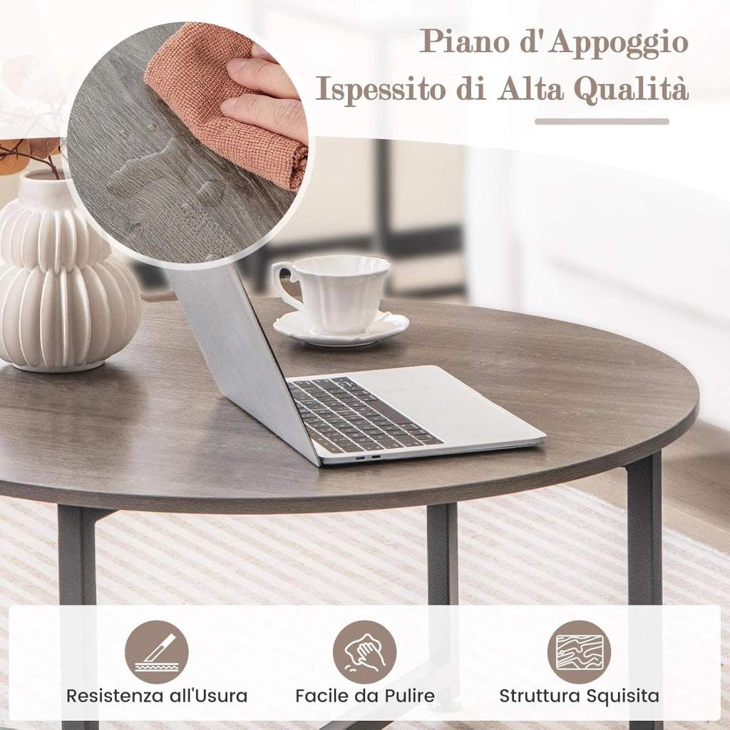 Set di Tavolini da Caffè 3 Pezzi, Tavolino Rotondo e 2 Tavolini Quadrati con Struttura Metallica Robusta, Set di Tavoli da Salotto Moderni 3 Pezzi (Grigio)